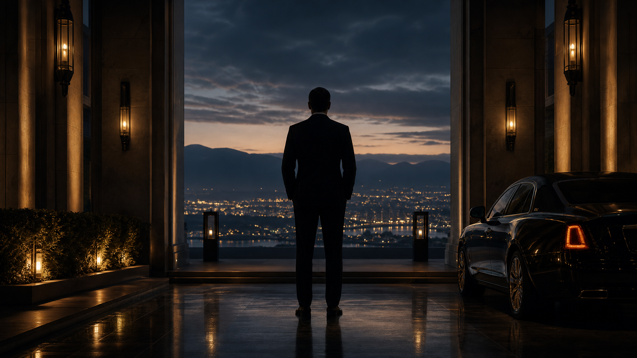 A composed host at a private arrival at dusk