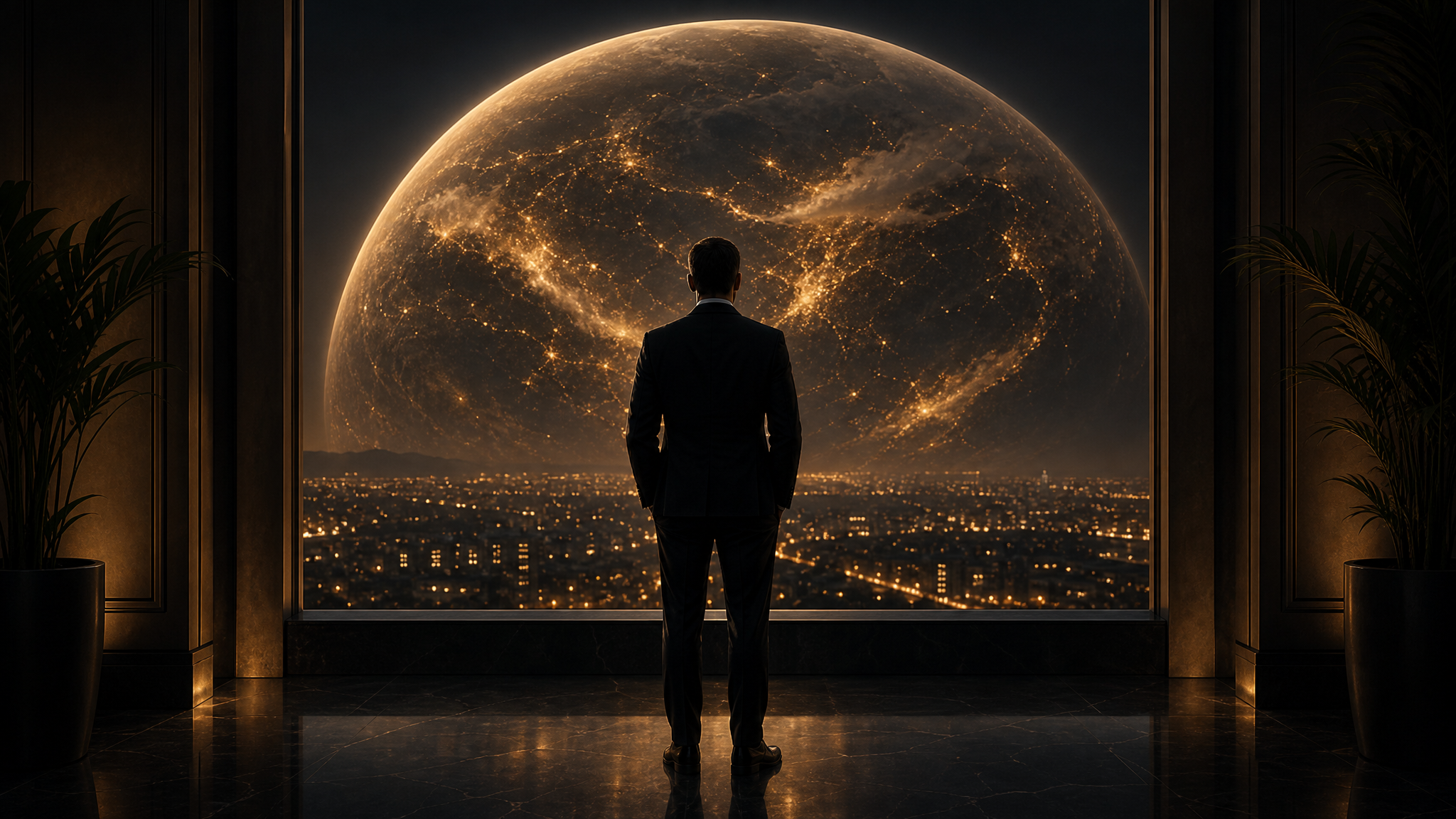 A host overlooking an illuminated world
